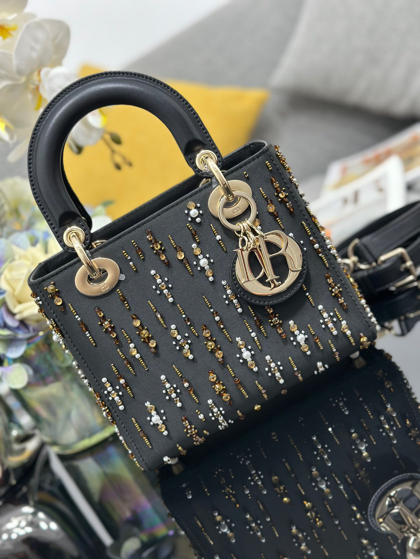 Lady Dior Four - Grid Embroidered Iridescent Bead Handbag