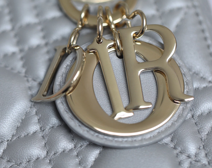 Pearlescent Grey Cannage Pattern Patent Lambskin Handbag