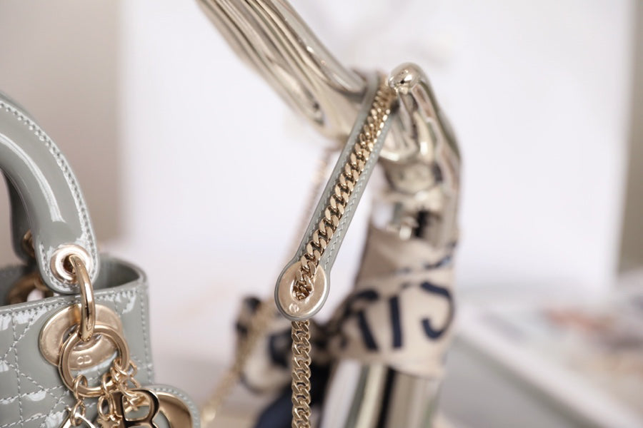 Rock Grey Cannage Pattern Patent Lambskin Handbag