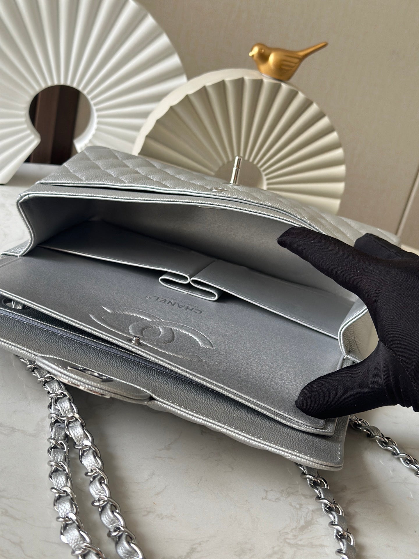 Silver Calfskin with Fine Ball - Grain Pattern CF Chain Flap Bag