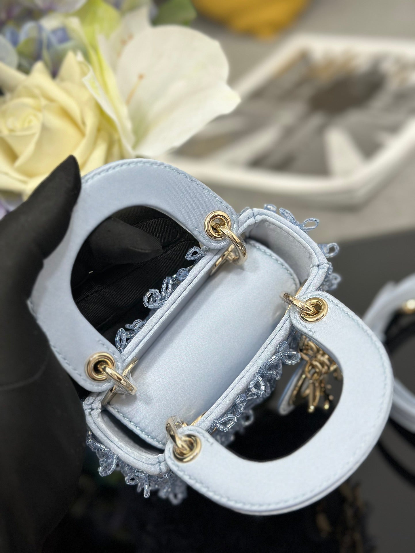 Lady Dior Mini Embroidered Ice - Blue Beaded Handbag