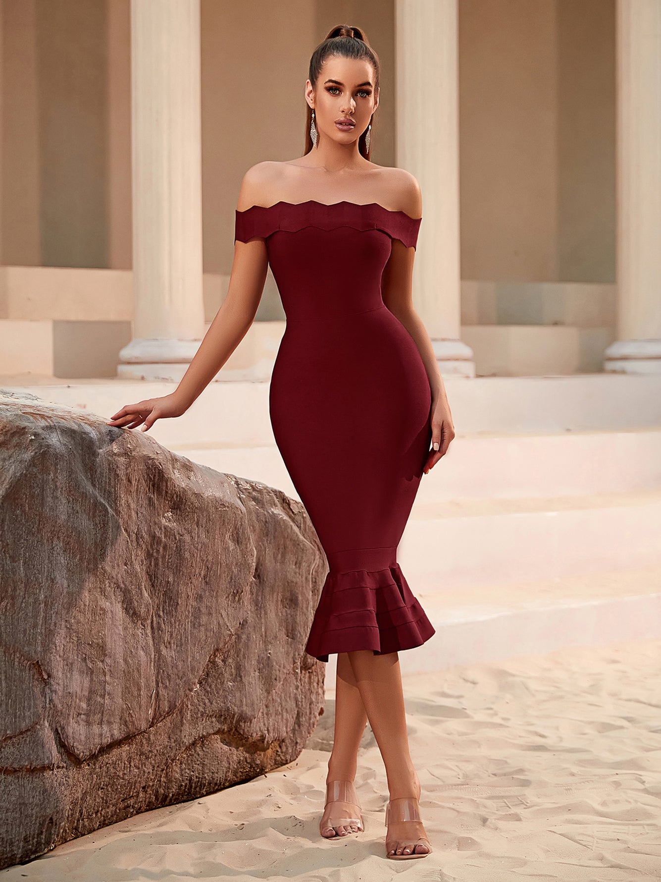 urgundy Off - Shoulder Mermaid Bandage dress