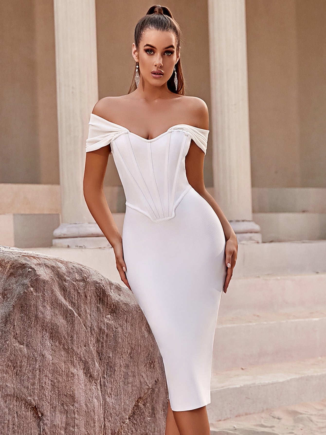 White Off - Shoulder Corset Bandage dress