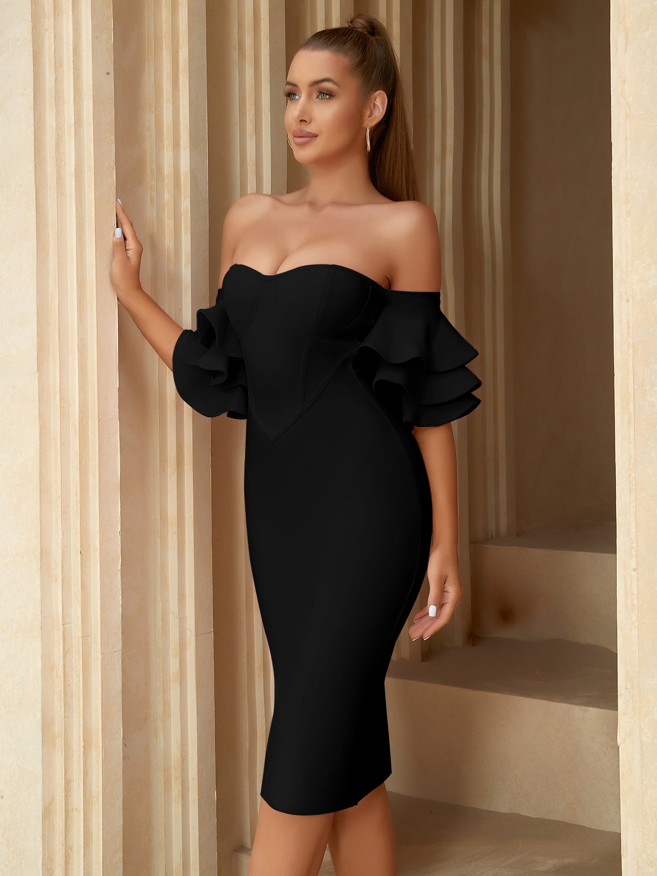 Black Off - Shoulder Ruffled Bandage dress