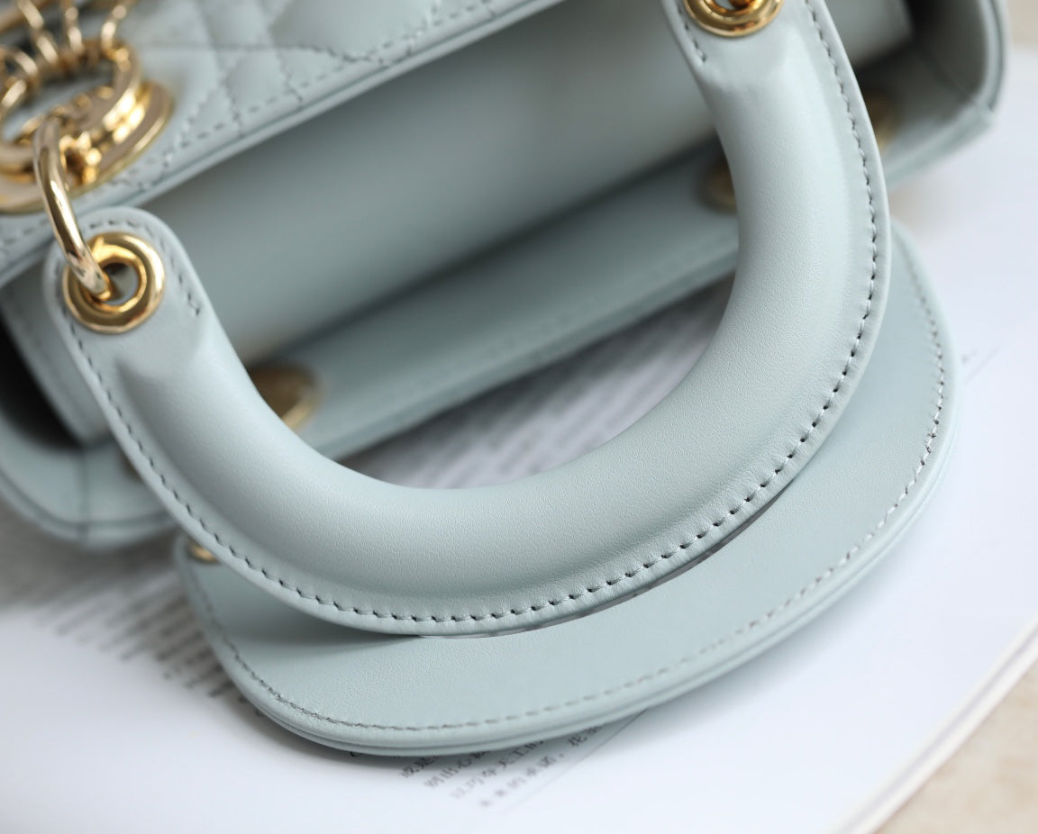 Lake Blue Cannage Pattern Patent Lambskin Handbag