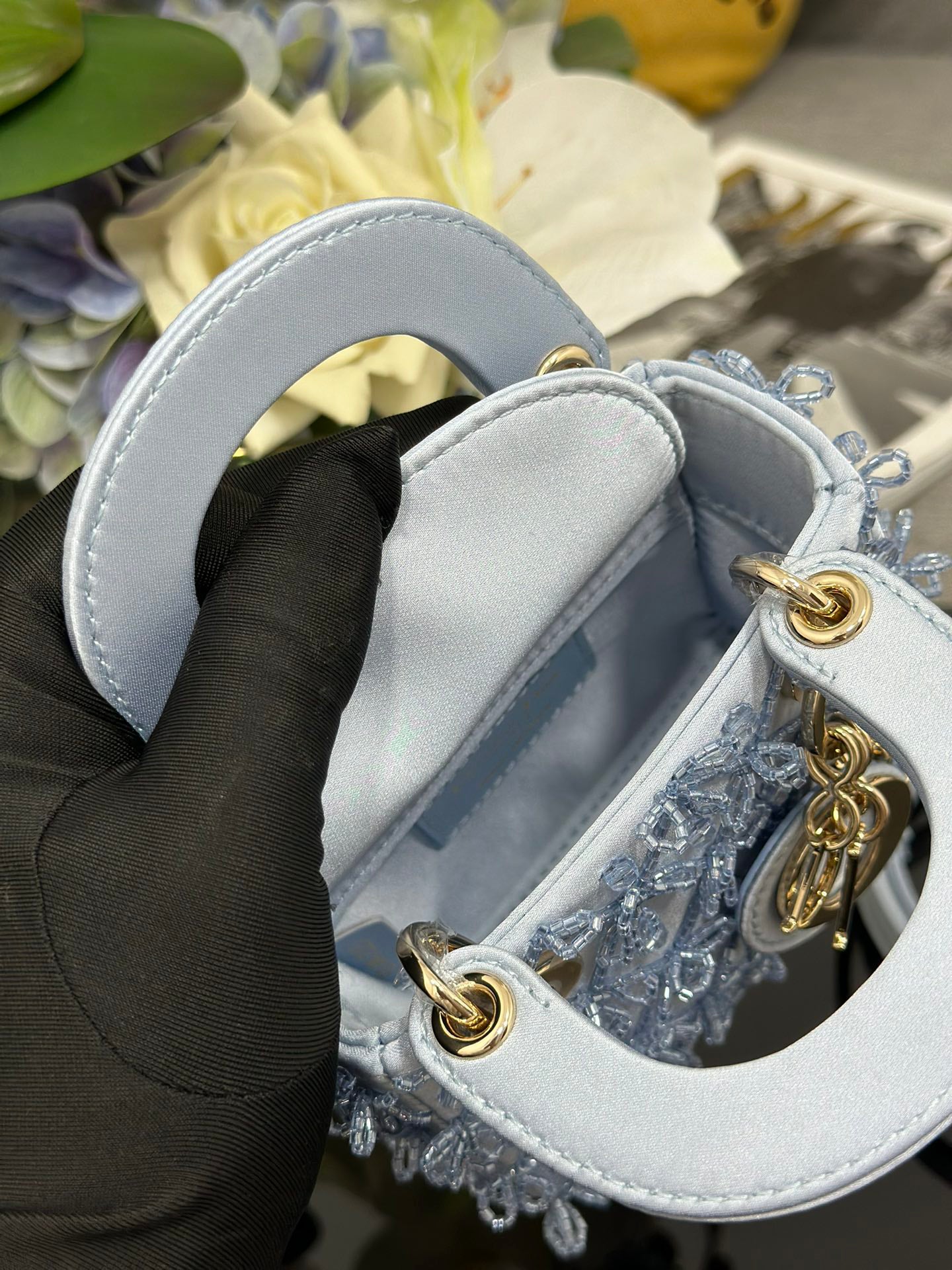 Lady Dior Mini Embroidered Ice - Blue Beaded Handbag