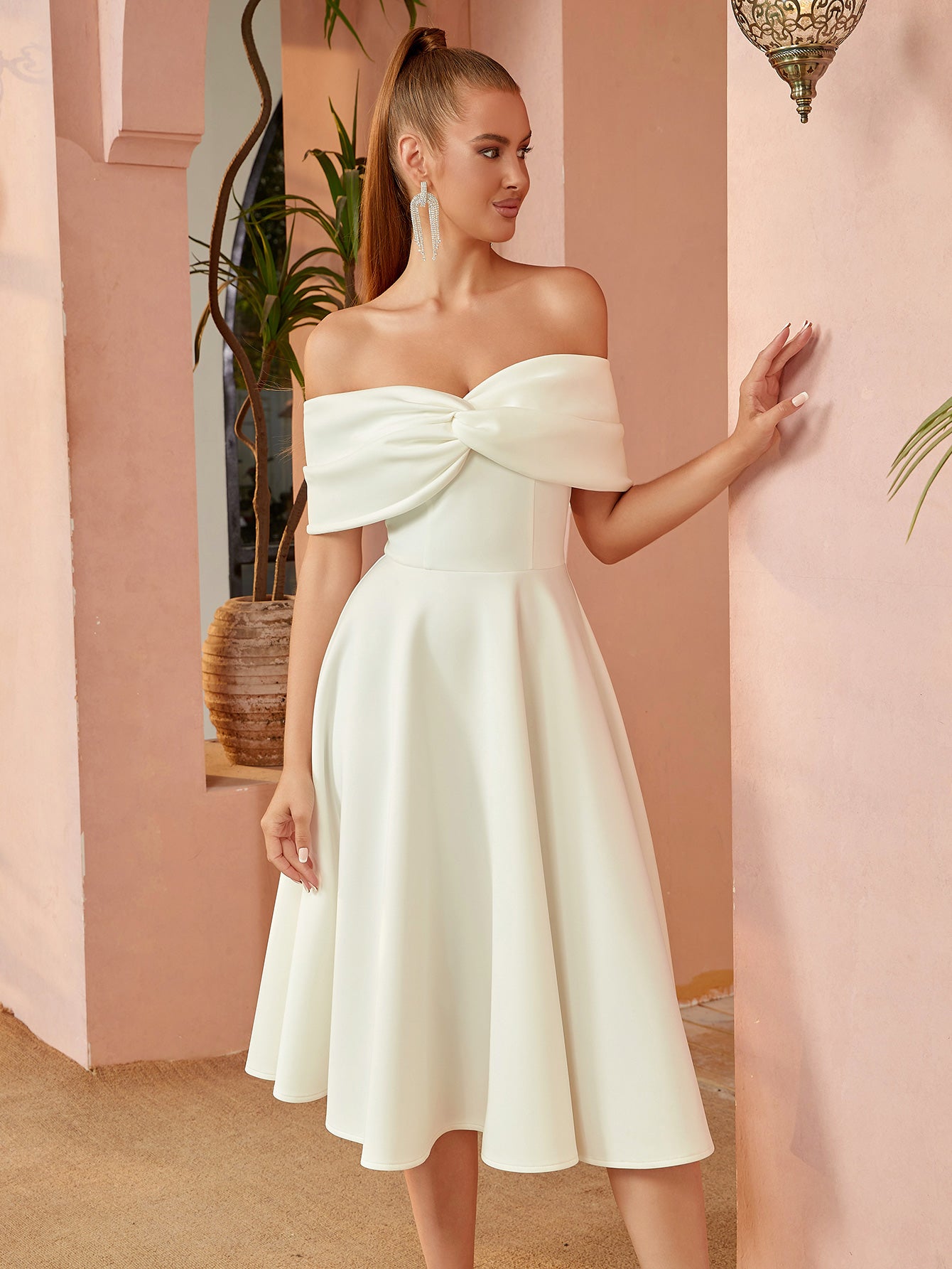 Off - Shoulder Bow - Detail A - Line Midi Dress in Cream