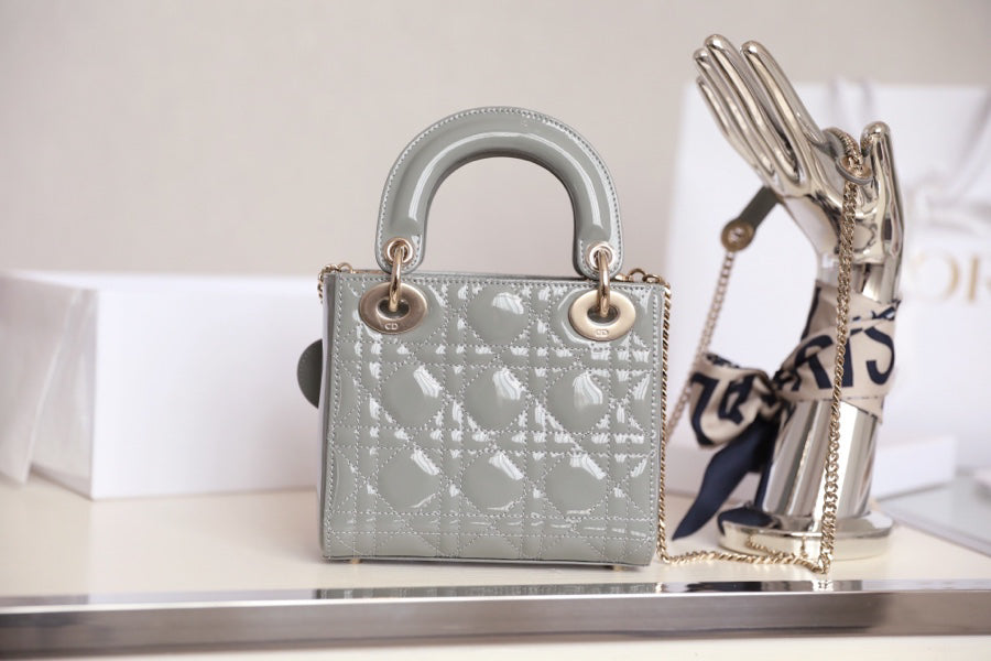 Rock Grey Cannage Pattern Patent Lambskin Handbag