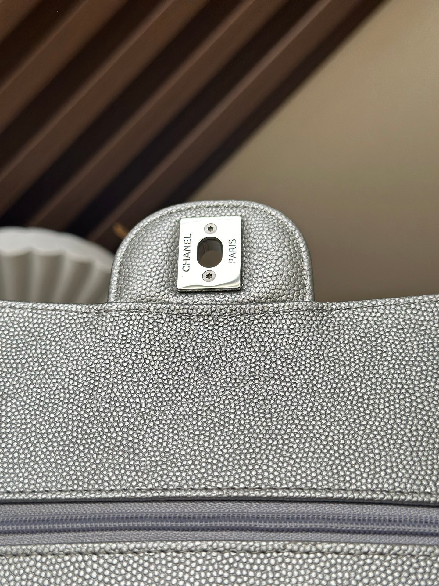 Silver Calfskin with Fine Ball - Grain Pattern CF Chain Flap Bag