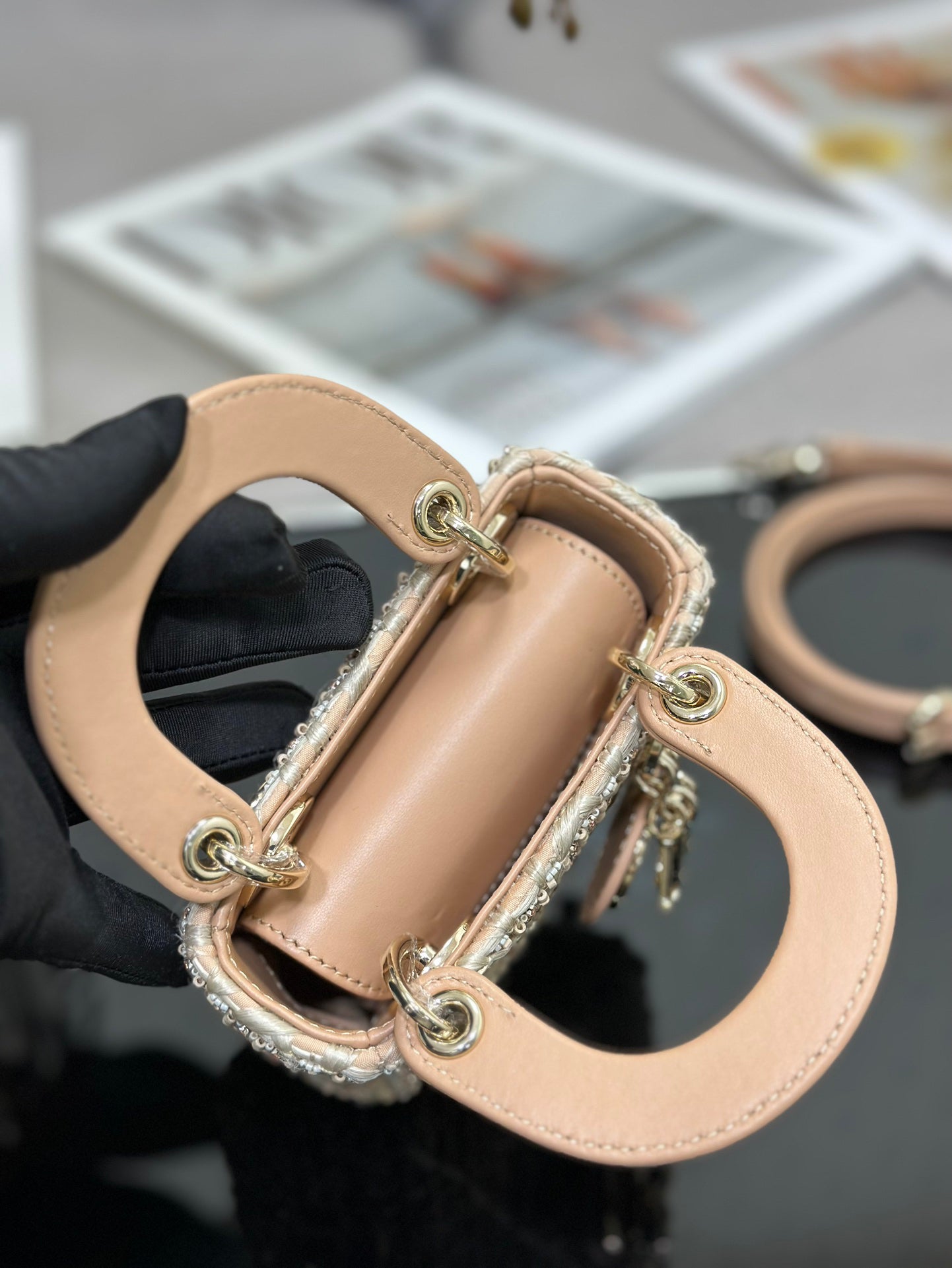 Lady Dior Ultra - Mini Embroidered Apricot - colored Wooden Bead Handbag