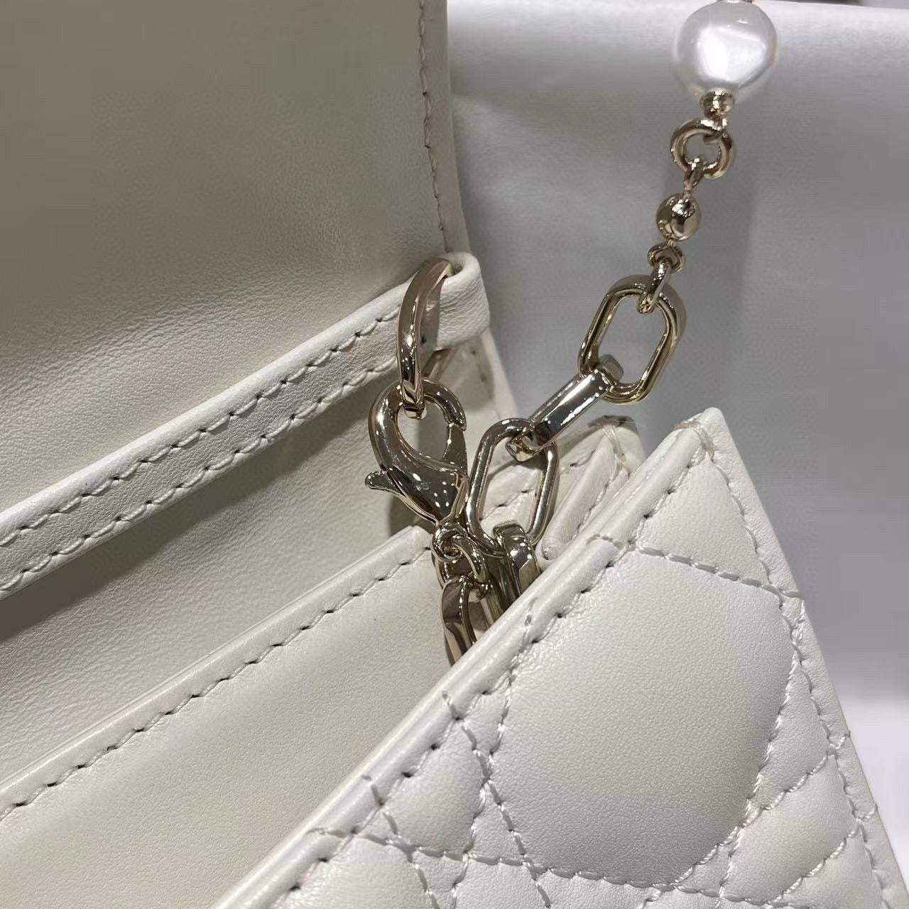 Mini Pearl Chain White Lambskin Handbag
