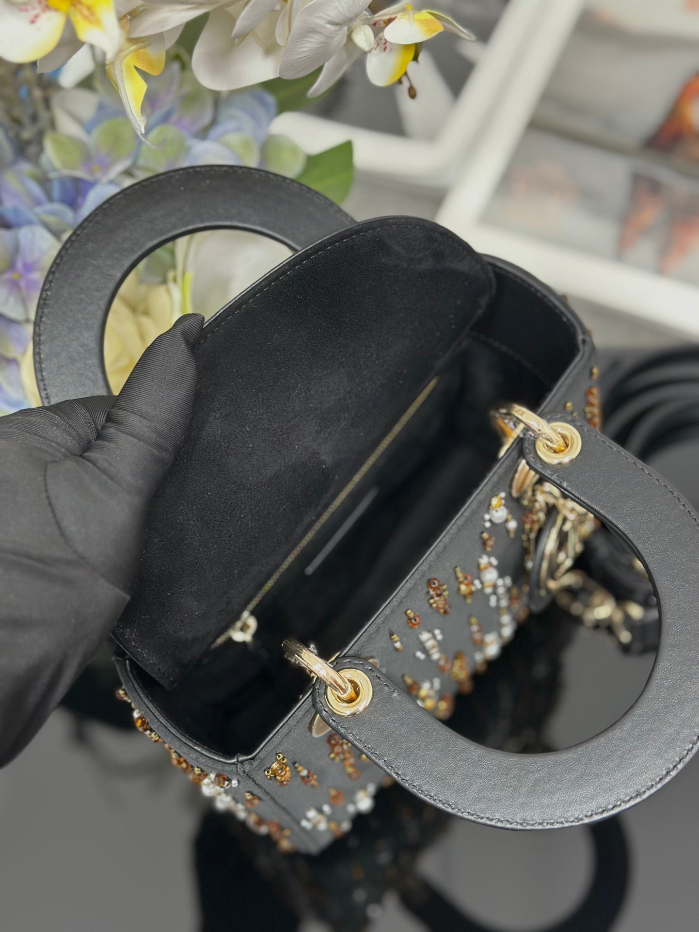 Lady Dior Four - Grid Embroidered Iridescent Bead Handbag