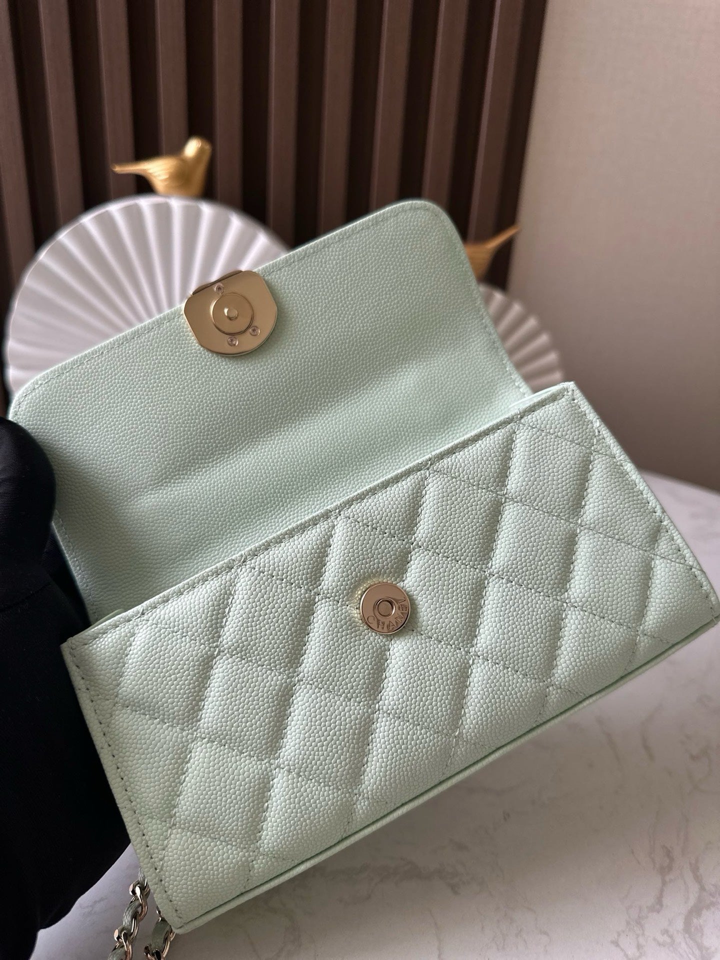 Light green caviar leather flap handbag   shoulder bag