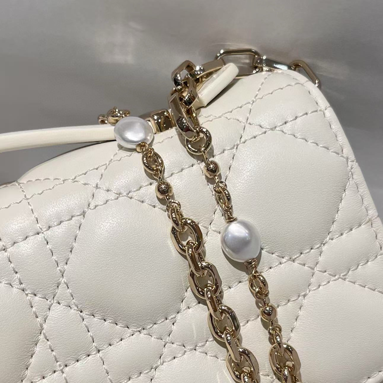 Mini Pearl Chain White Lambskin Handbag