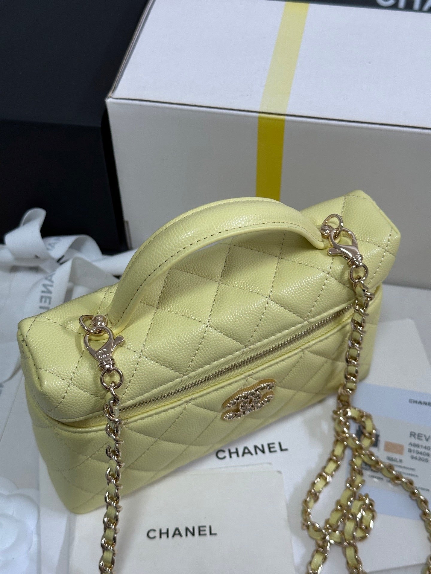 Yellow Caviar Calfskin Heart - shaped Rhinestone - embellished Zipped Flap Bag