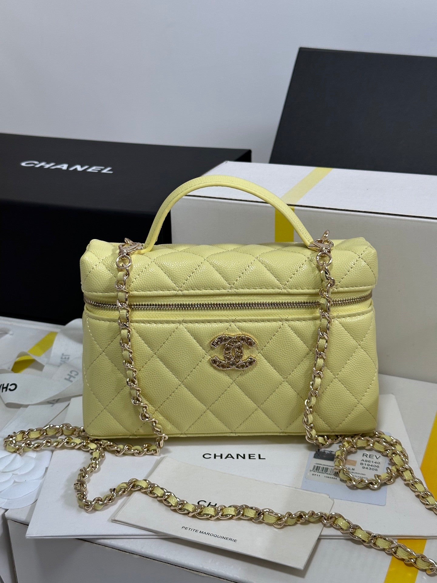 Yellow Caviar Calfskin Heart - shaped Rhinestone - embellished Zipped Flap Bag