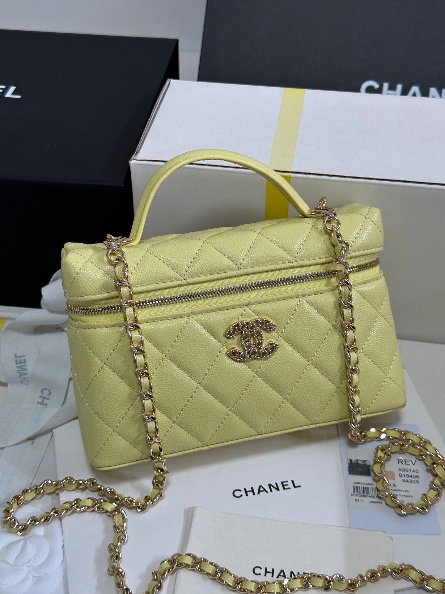 Yellow Caviar Calfskin Heart - shaped Rhinestone - embellished Zipped Flap Bag