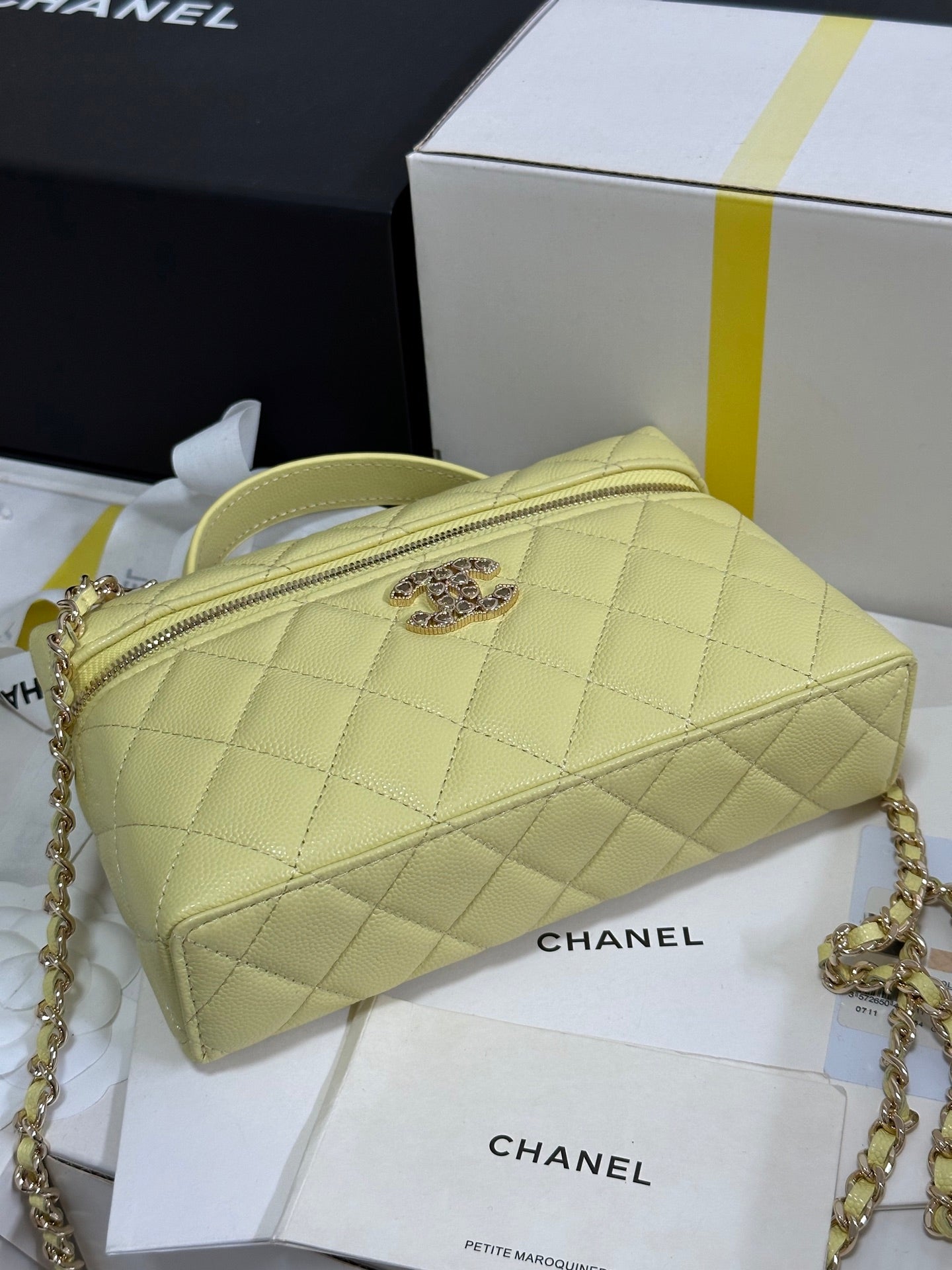 Yellow Caviar Calfskin Heart - shaped Rhinestone - embellished Zipped Flap Bag