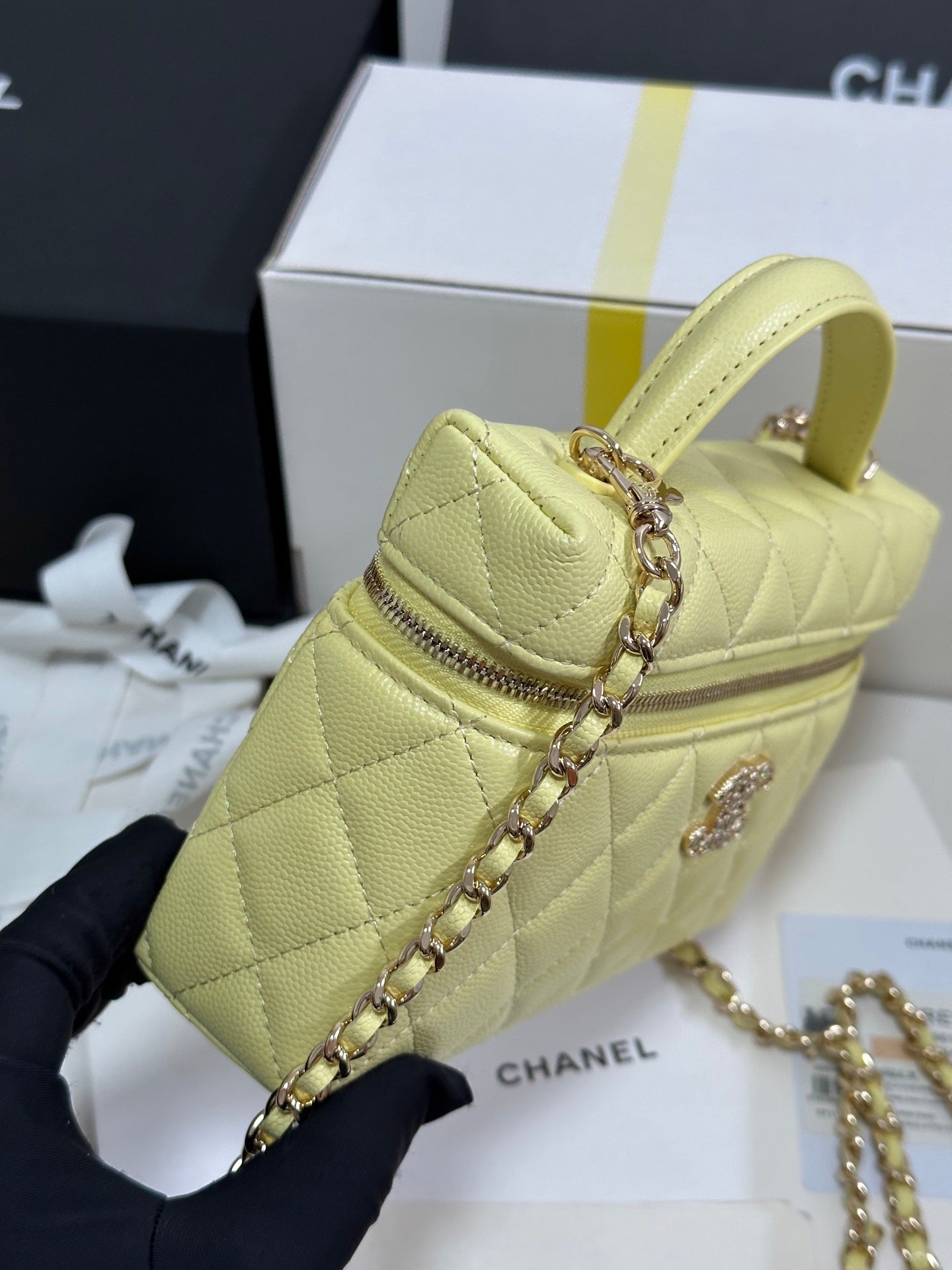 Yellow Caviar Calfskin Heart - shaped Rhinestone - embellished Zipped Flap Bag