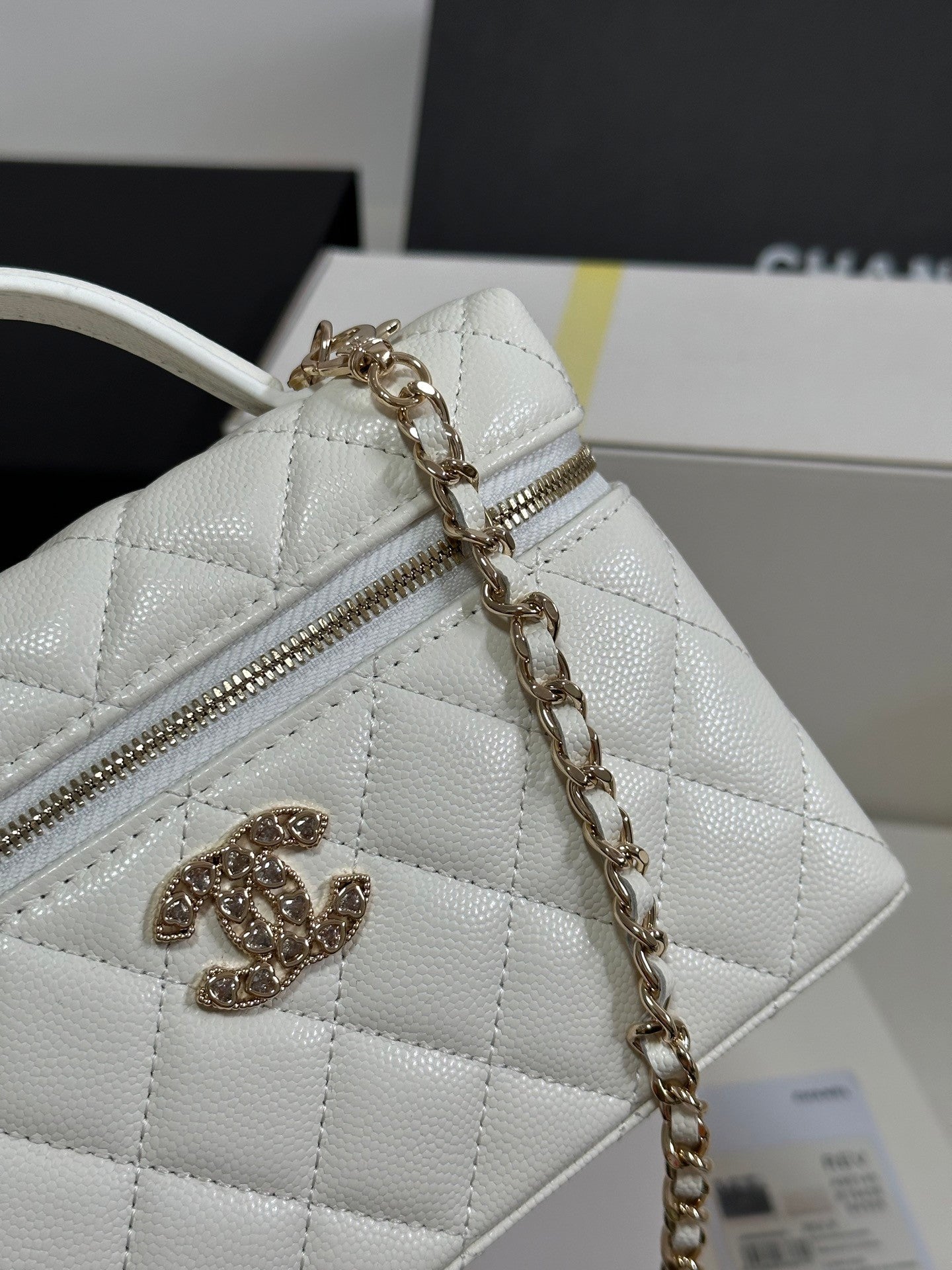 White Caviar Calfskin Heart - shaped Rhinestone - embellished Zipped Flap Bag