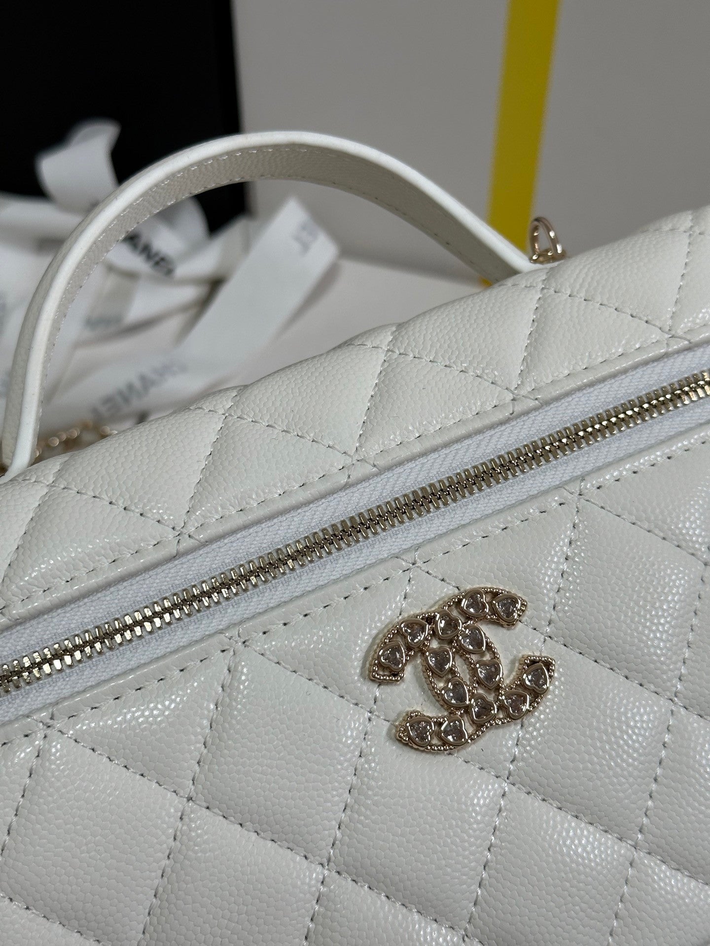 White Caviar Calfskin Heart - shaped Rhinestone - embellished Zipped Flap Bag