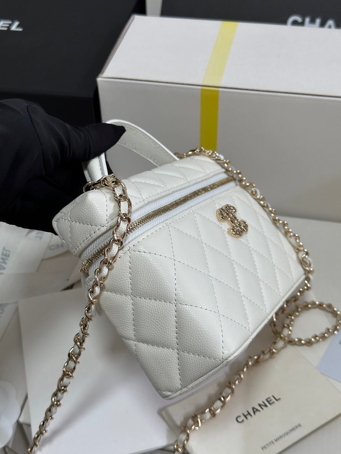 White Caviar Calfskin Heart - shaped Rhinestone - embellished Zipped Flap Bag