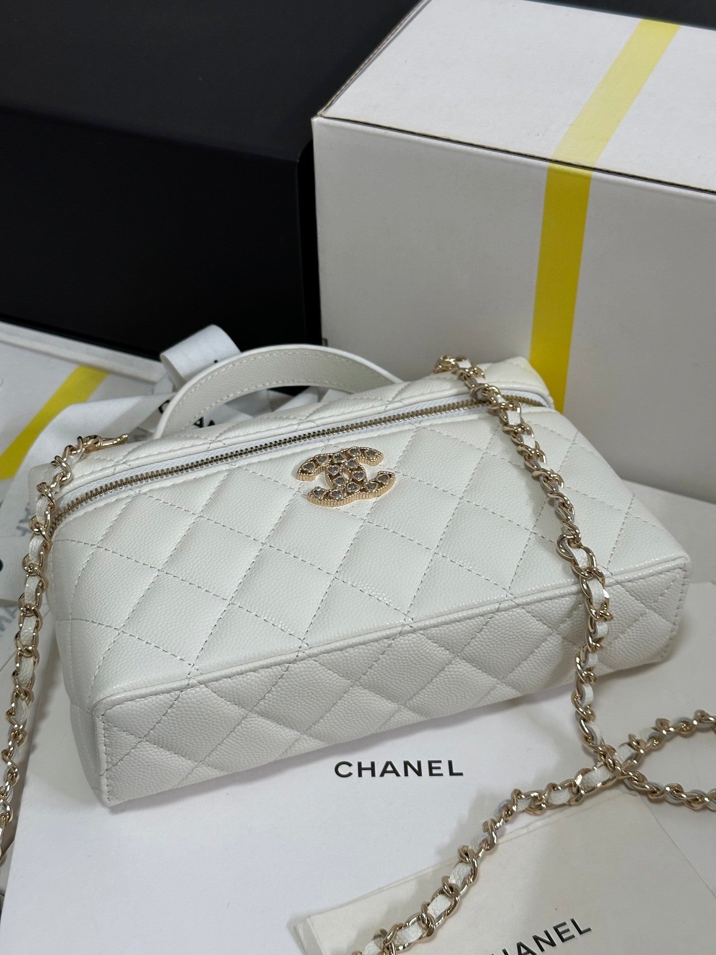 White Caviar Calfskin Heart - shaped Rhinestone - embellished Zipped Flap Bag