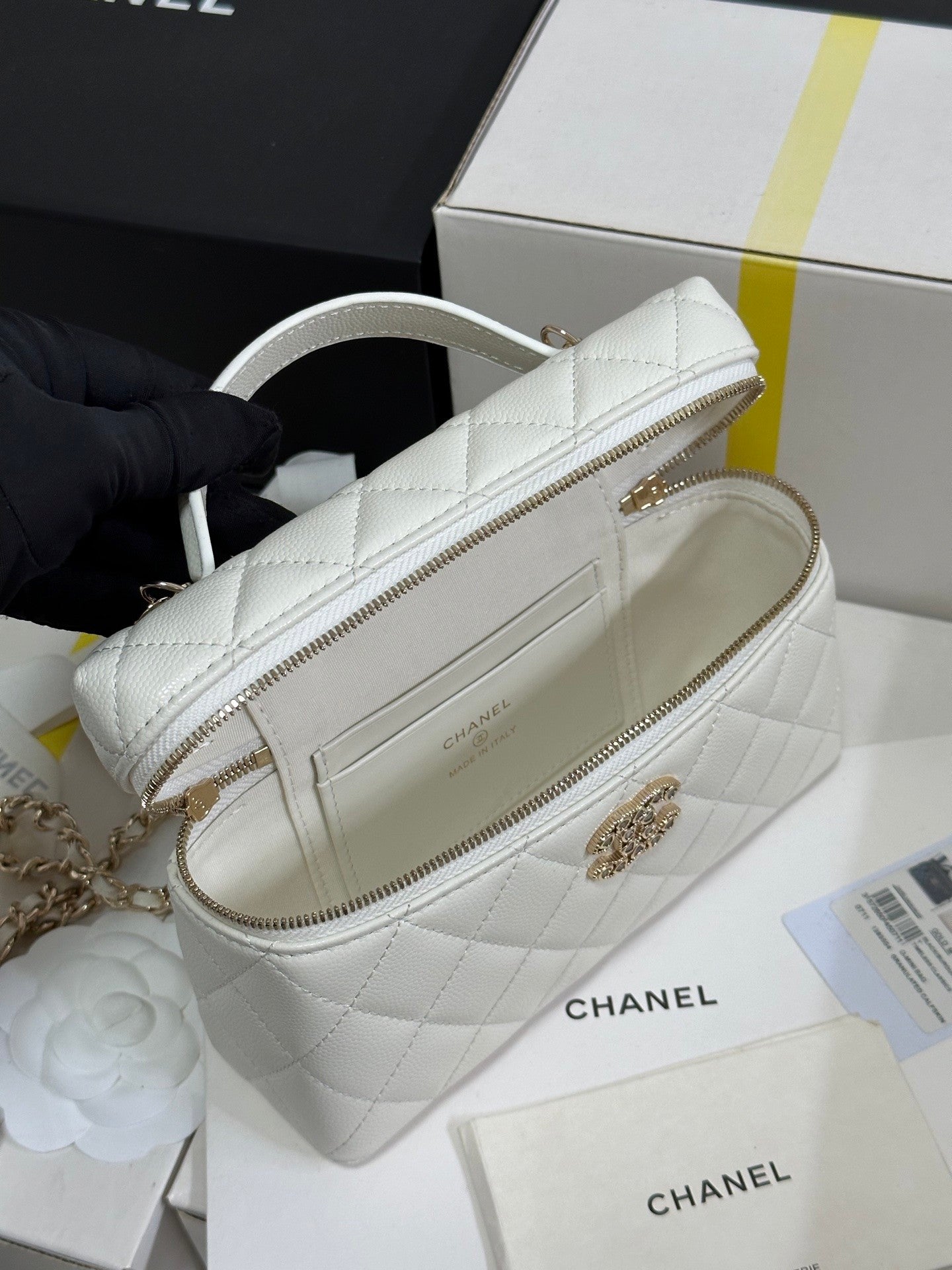 White Caviar Calfskin Heart - shaped Rhinestone - embellished Zipped Flap Bag