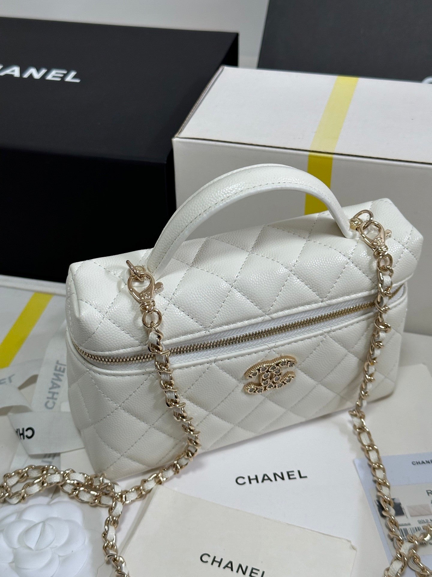 White Caviar Calfskin Heart - shaped Rhinestone - embellished Zipped Flap Bag