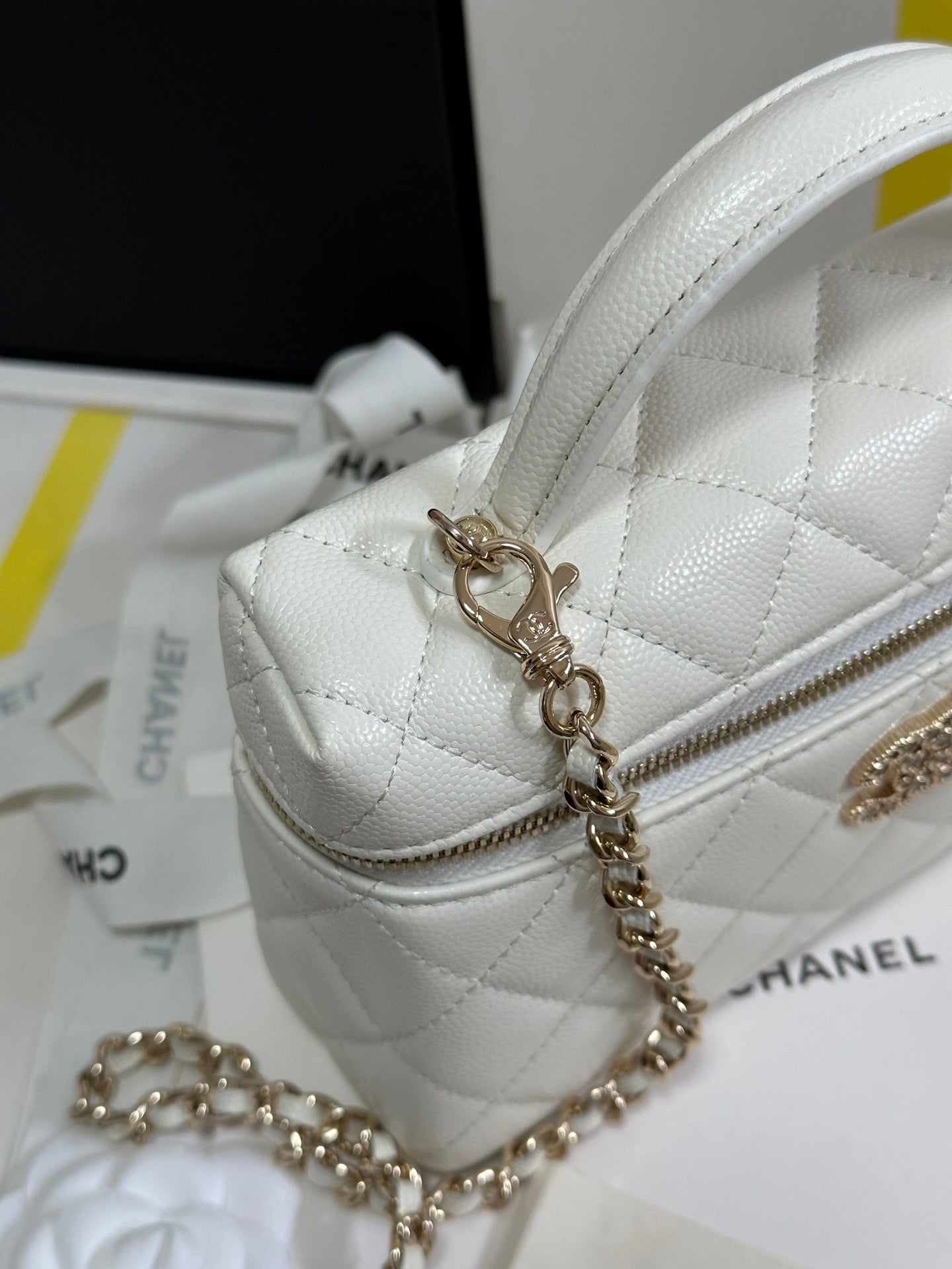 White Caviar Calfskin Heart - shaped Rhinestone - embellished Zipped Flap Bag