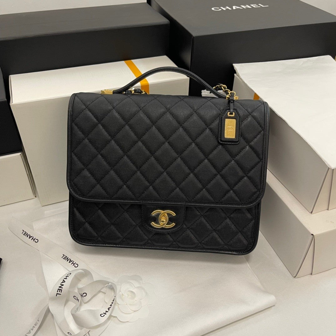 Elegant Quilted Black Flap Bag with Top Handle