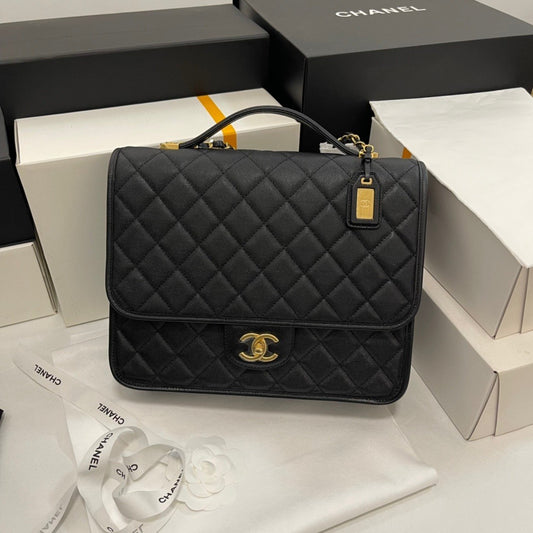 Elegant Quilted Black Flap Bag with Top Handle