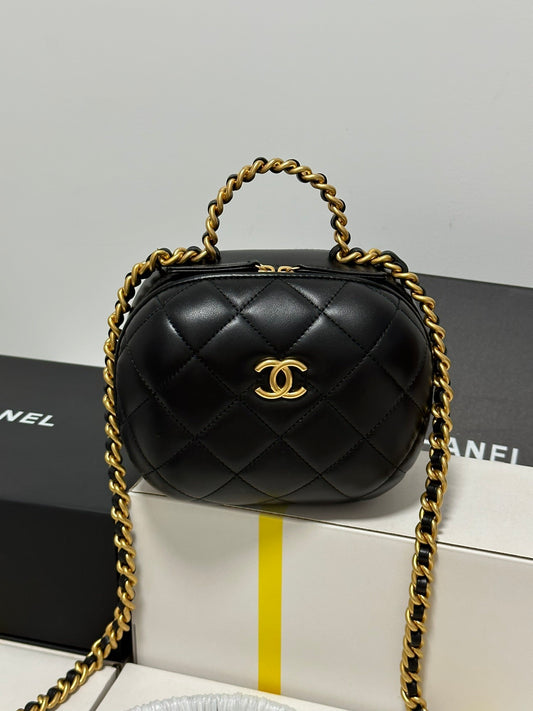 Black Round Box  shaped Chain  strap Fashion Makeup Bag