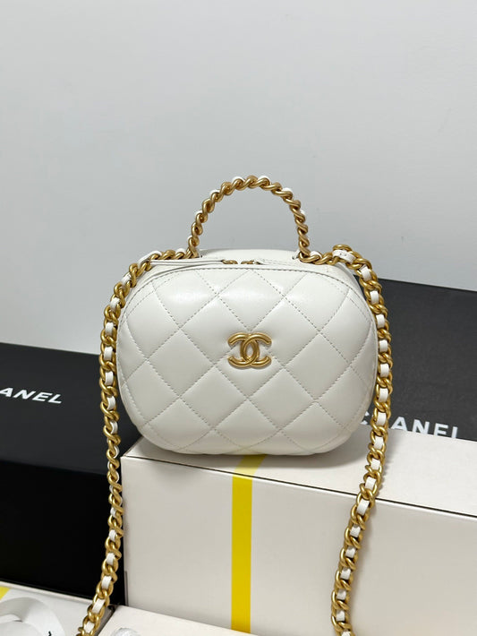 White Round Box  shaped Chain strap Fashion Makeup Bag