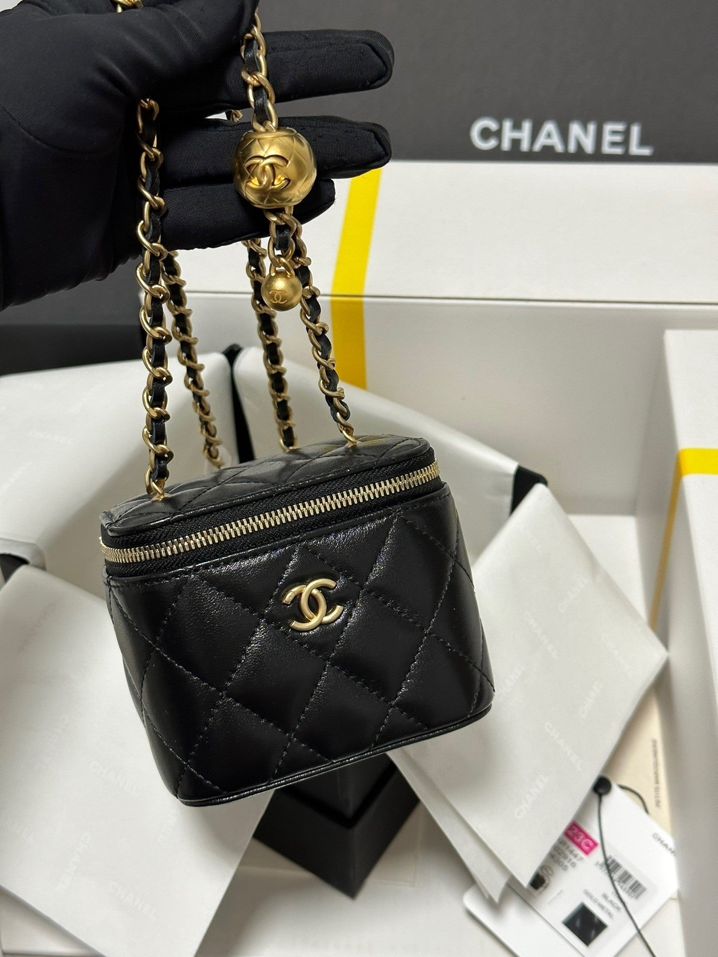 Quilted Mini Bag with Gold - ball Chain