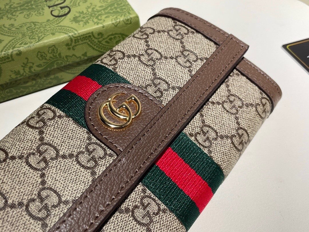Wallet with Iconic Double G Pattern, Embellished by Red - Green Web Strap