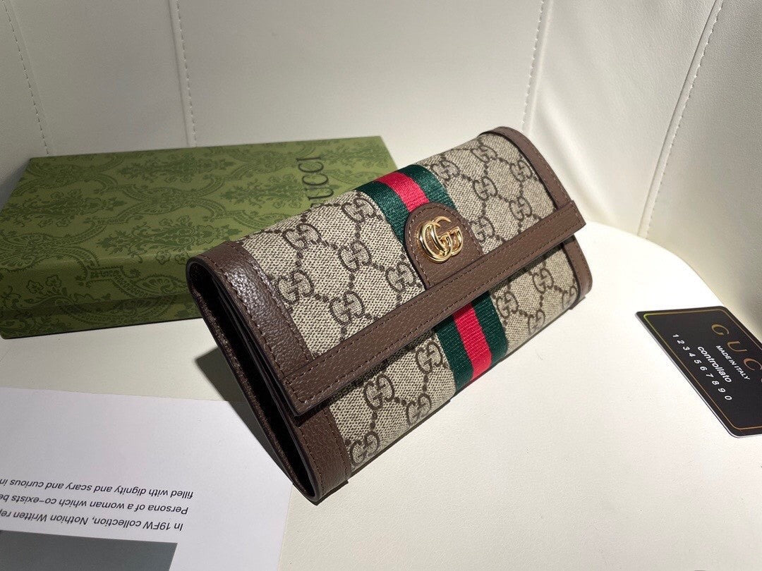 Wallet with Iconic Double G Pattern, Embellished by Red - Green Web Strap