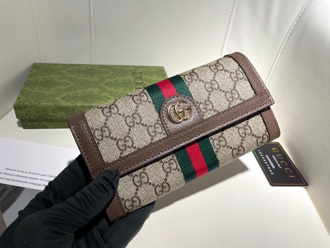 Wallet with Iconic Double G Pattern, Embellished by Red - Green Web Strap