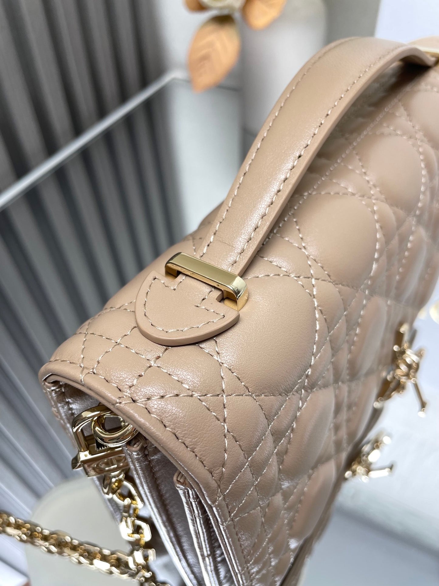 Apricot  colored Lambskin Cannage - pattern Zipped Clutch Bag