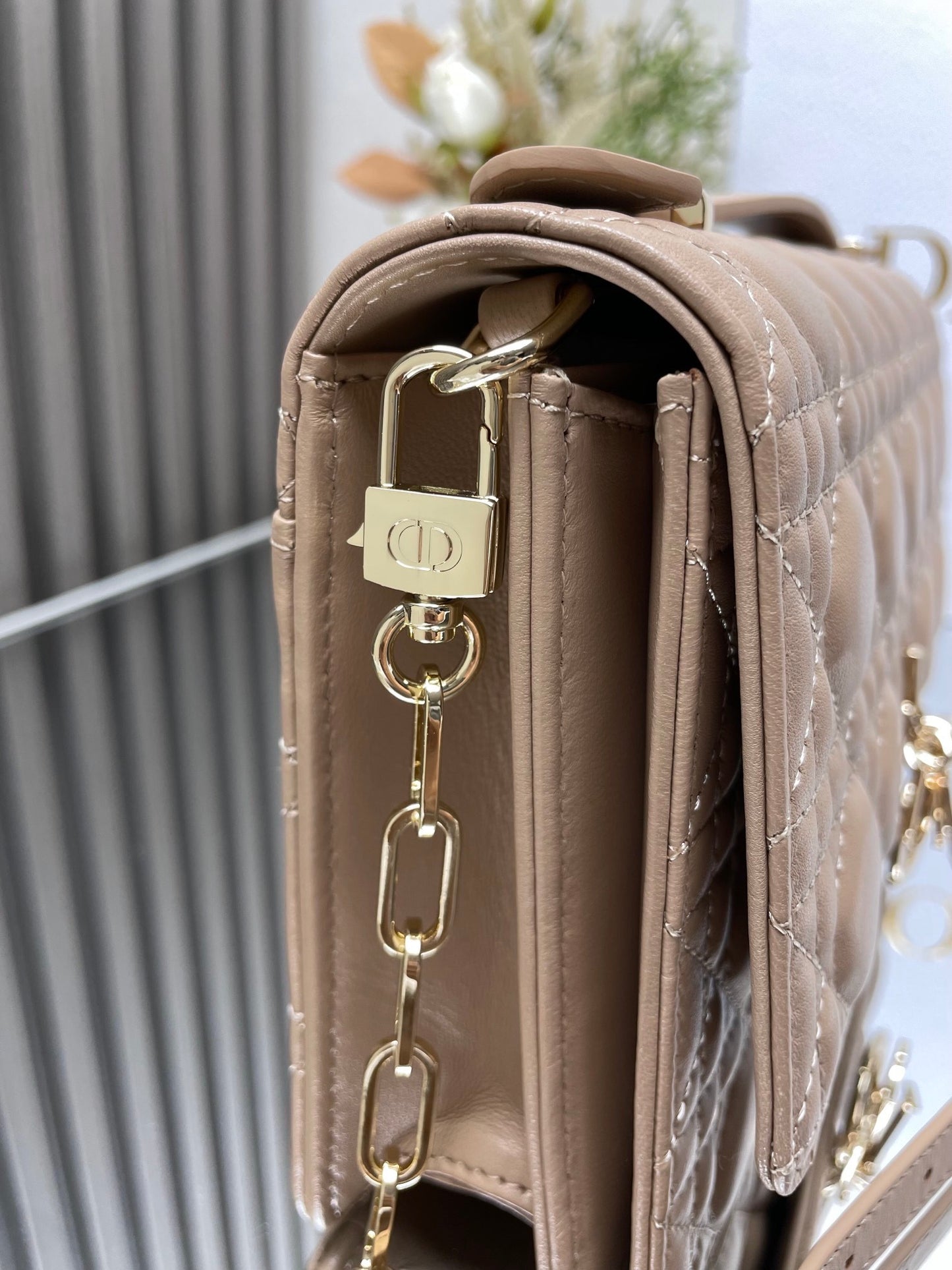 Apricot  colored Lambskin Cannage - pattern Zipped Clutch Bag