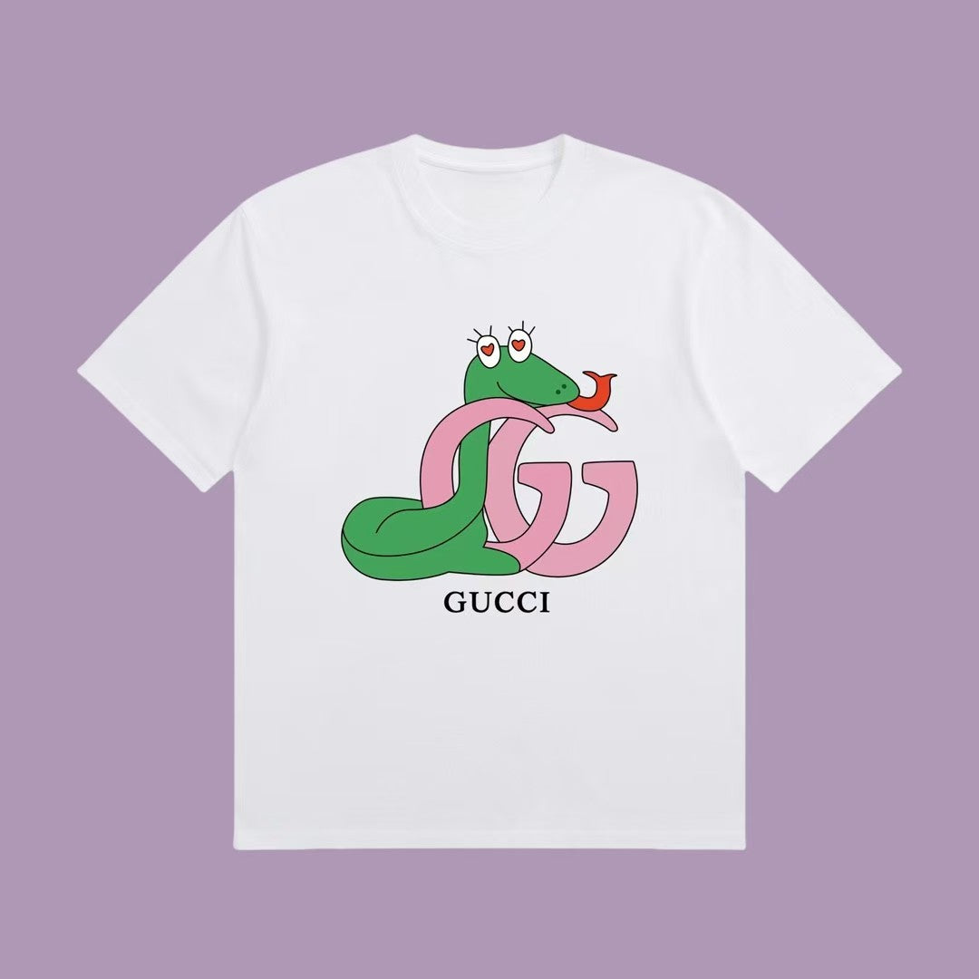 White T - shirt with an adorable snake and the GG logo. Unisex.