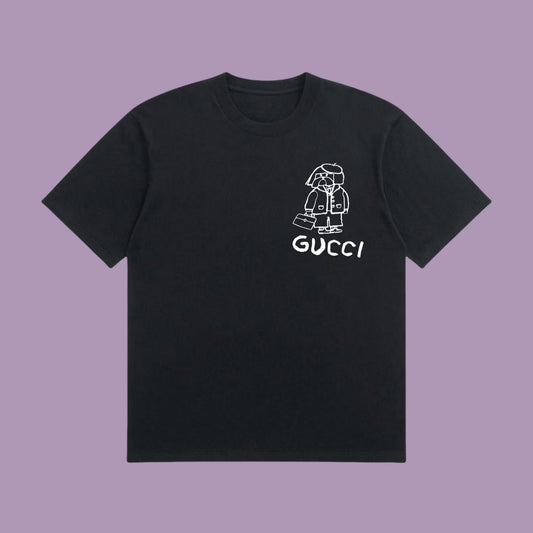Chic and Quirky:  Inspired Black T - Shirt with Adorable Cartoon Prints