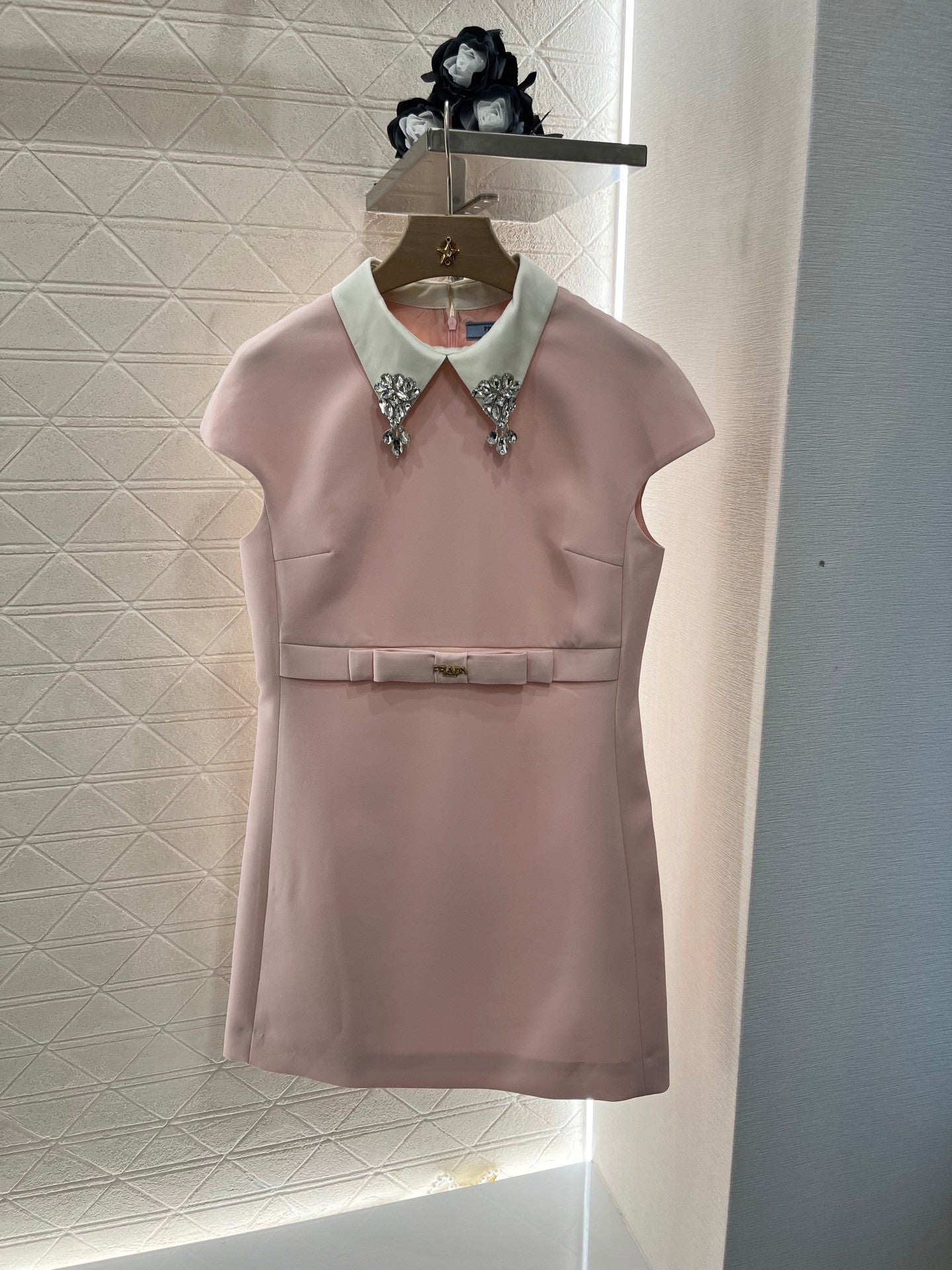 Lapel Dress Embellished with Rhinestones, Made of Custom - made Acetate Fabric