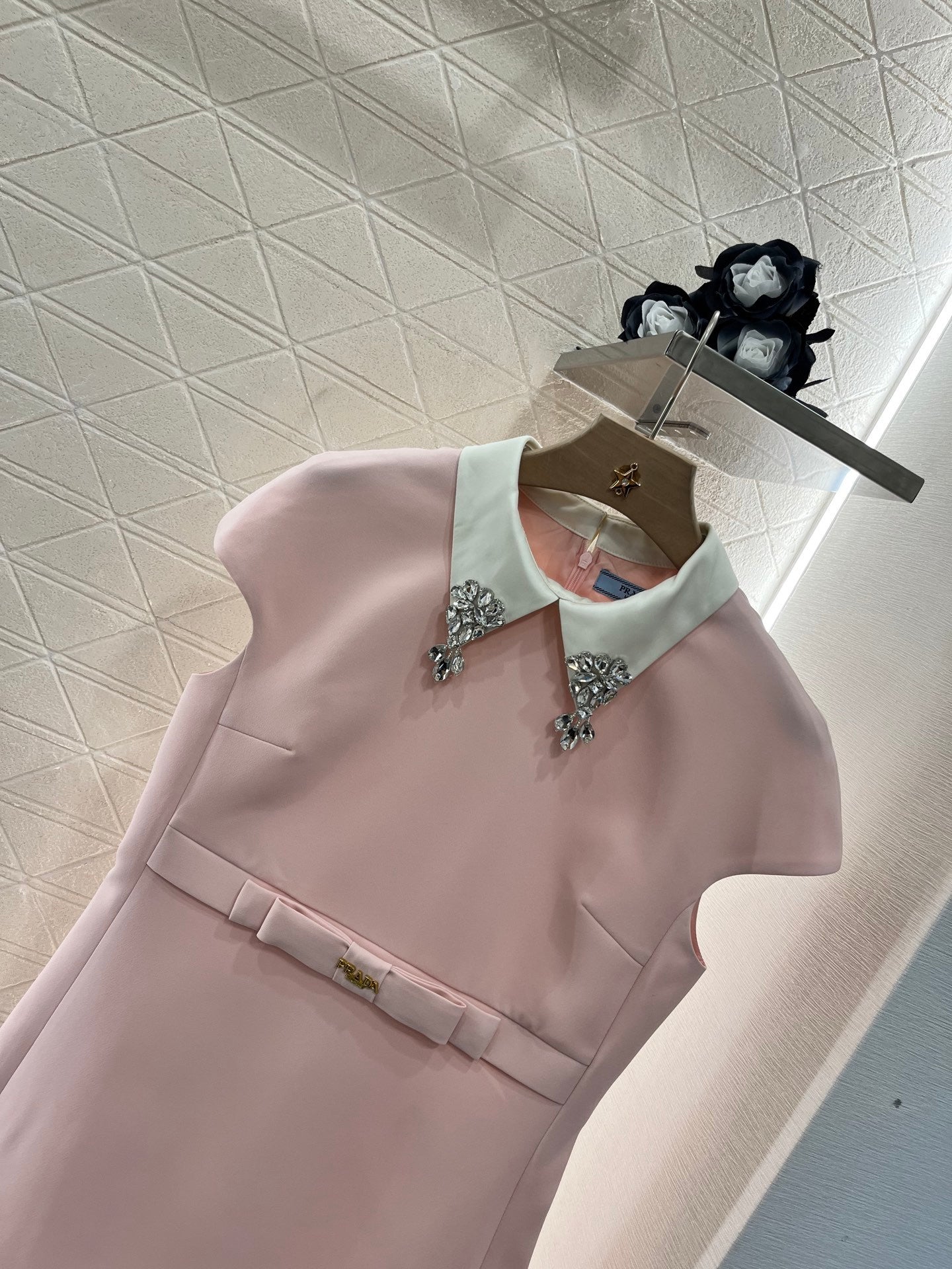 Lapel Dress Embellished with Rhinestones, Made of Custom - made Acetate Fabric