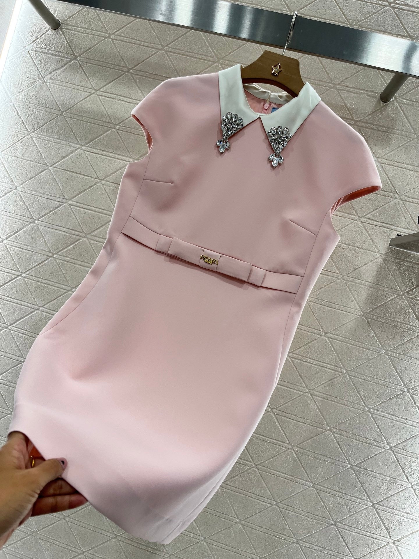 Lapel Dress Embellished with Rhinestones, Made of Custom - made Acetate Fabric