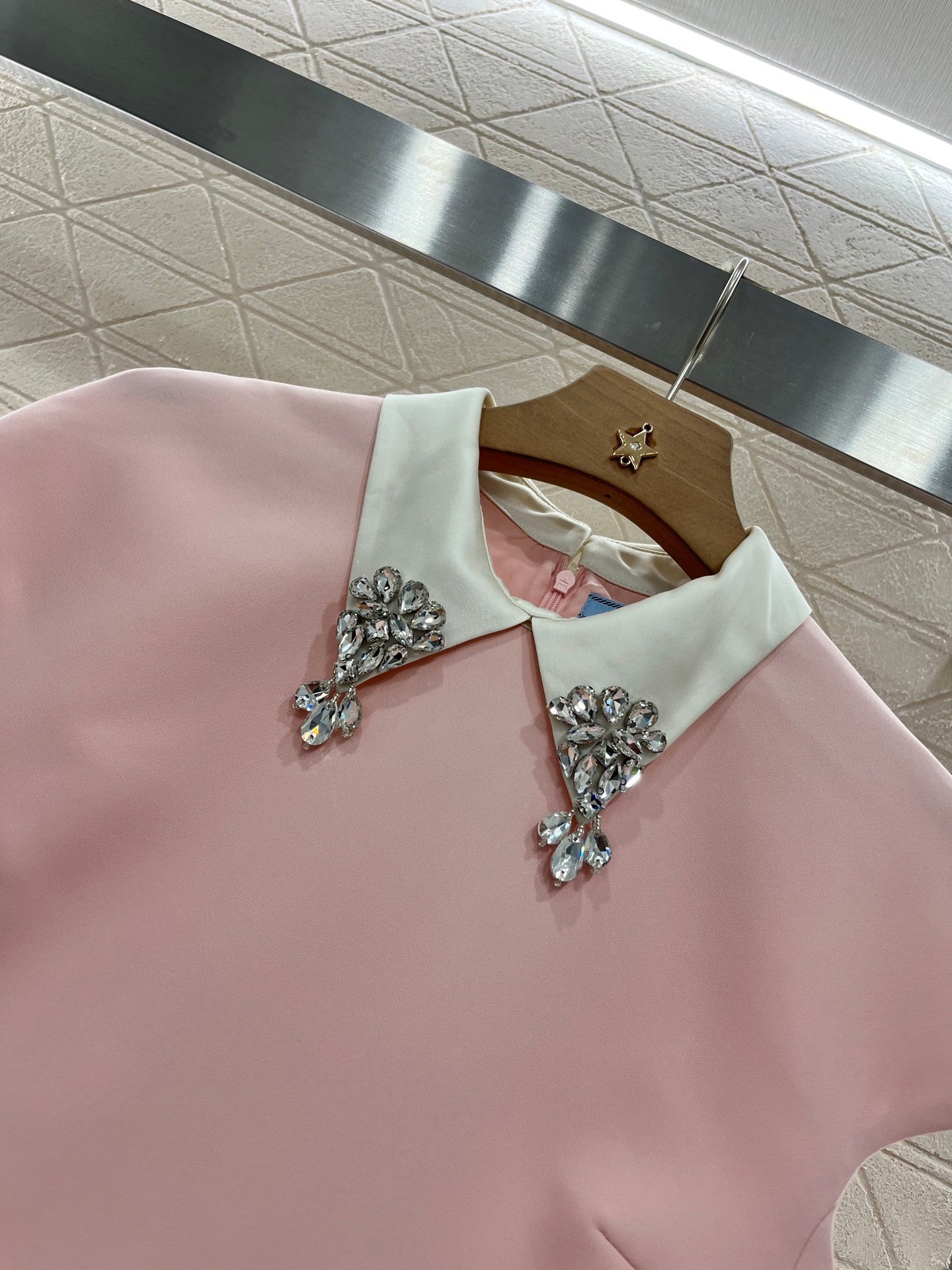 Lapel Dress Embellished with Rhinestones, Made of Custom - made Acetate Fabric