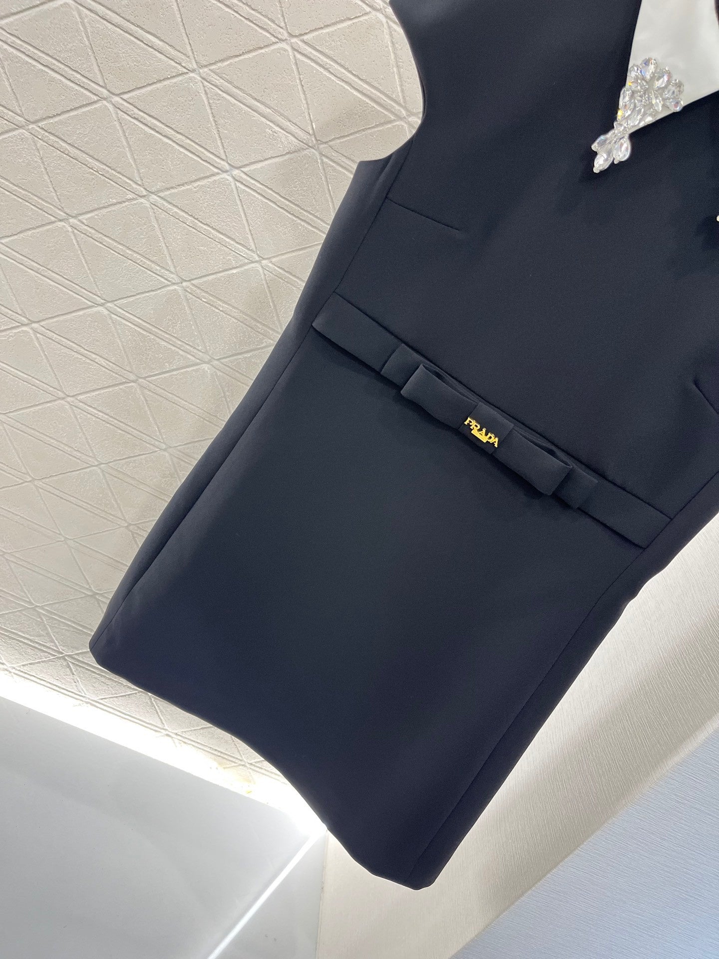 Lapel Dress Embellished with Rhinestones, Made of Custom - made Acetate Fabric