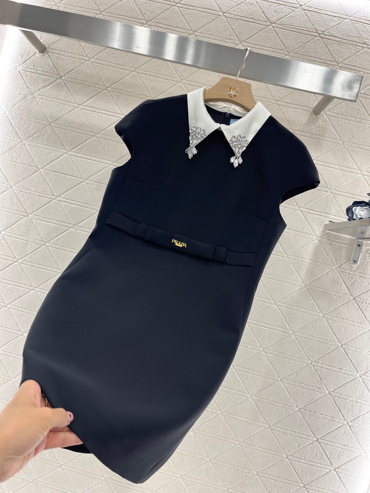 Lapel Dress Embellished with Rhinestones, Made of Custom - made Acetate Fabric