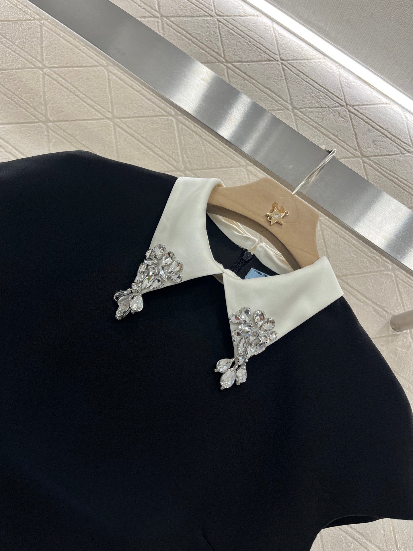 Lapel Dress Embellished with Rhinestones, Made of Custom - made Acetate Fabric