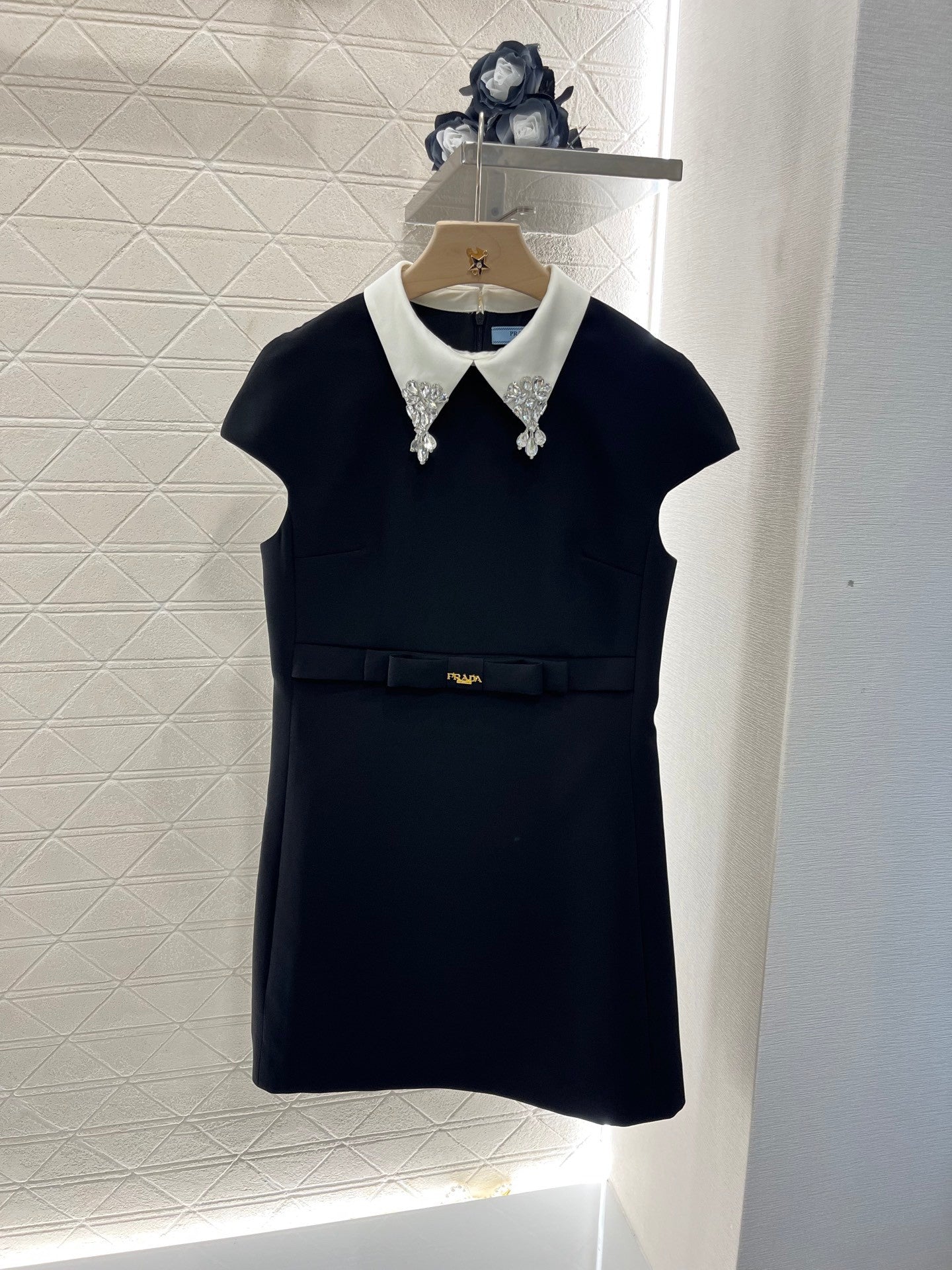 Lapel Dress Embellished with Rhinestones, Made of Custom - made Acetate Fabric